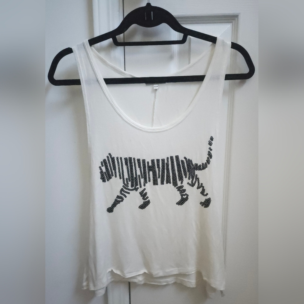 Buffalo David Bitton White Crop Top with Black Sequin Tiger Design